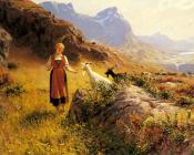 汉斯 达尔 : An Alpine Landscapewith a Shepherdess and Goats